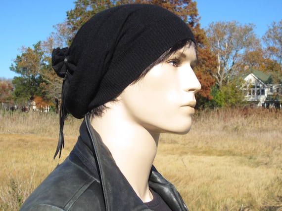 Black Cashmere Hat Men's Slouchy Beanie 100% Pure Cashmere Knit