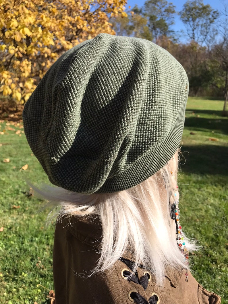 Thermal Knit Slouchy Beanie Hat Slouch Cap Olive Green Camo or Black Distressed Acid Washed 100 COTTON VacationHouse Hats A1802 image 5