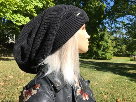 Extra Long Tam Thick Slouch Hat Black or Acid Washed Extra Long Distressed  Big Head Bulky Chunky Baggy Beanie Black or Charcoal Gray A1894 
