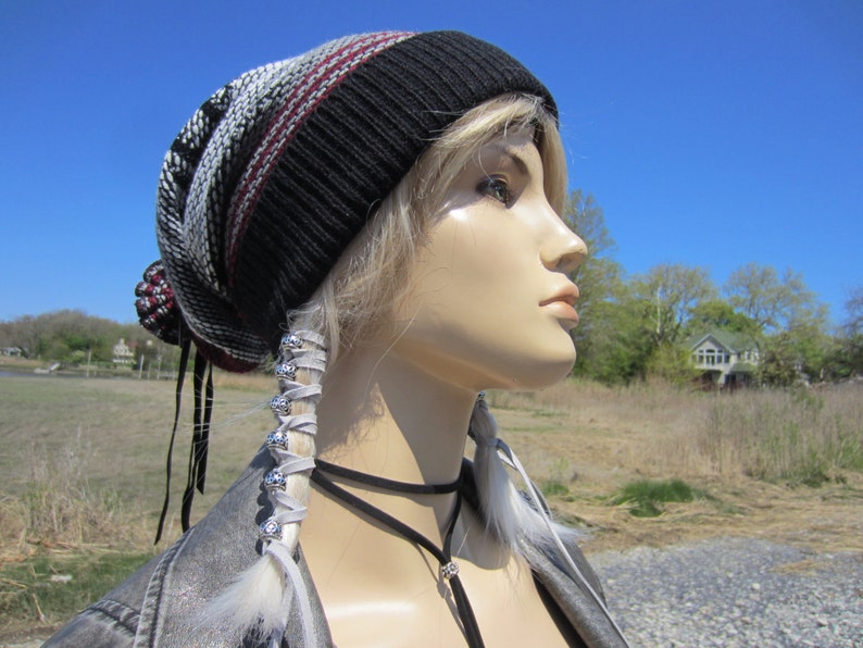 Tribal Print Slouchy Beanies Knit Warm Winter Hat Gray Black Burgundy Fair Isle Print Baggy Leather Tie Back Stocking Cap A1580