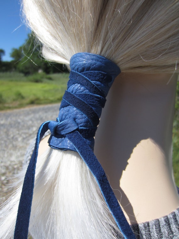 Leather Hair Wrap Ponytail Holder Hair Jewelry BOHO Bohemian Resort Wear Denim Blue Black Z1010