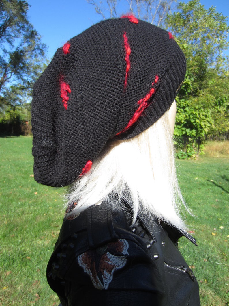 Black Oversized Slouch Tam Hat Black Cotton Blend Post Apocalyptic Reworked clothing Thick Bulky Big Beanie Embroidered Red or White A1988