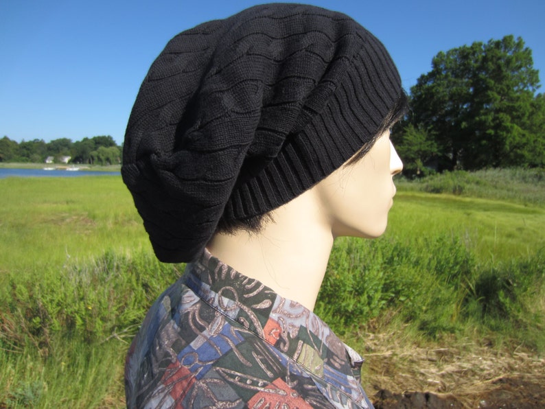 BOHO Men's Clohting Black Beanie Cable Knit Winter Hat, Men's Slouch Tam A1034 image 3