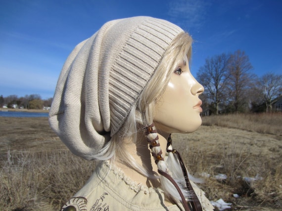 Tan Knit Hat Slouchy Beanie Khaki Women's Beige Cotton Big Slouch Back Tam A1281