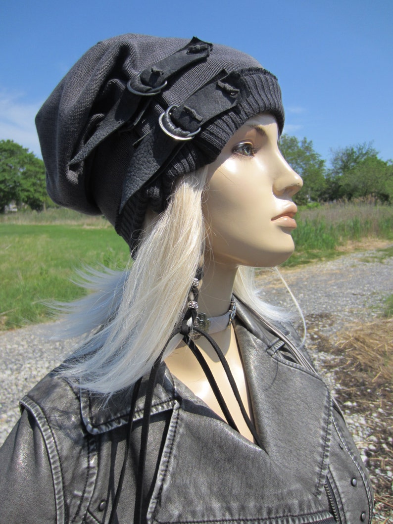 Post Apocalyptic Clothing Reworked Slouchy Beanie Hat Black Charcoal Gray Cotton Distressed Genuine Leather Belt Acid Washed Skull Cap A1972 image 5