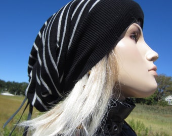 Black White Striped Beanie Women's Knit Cotton Hats Extra Long Big Slouchy Tams  A1415/1424