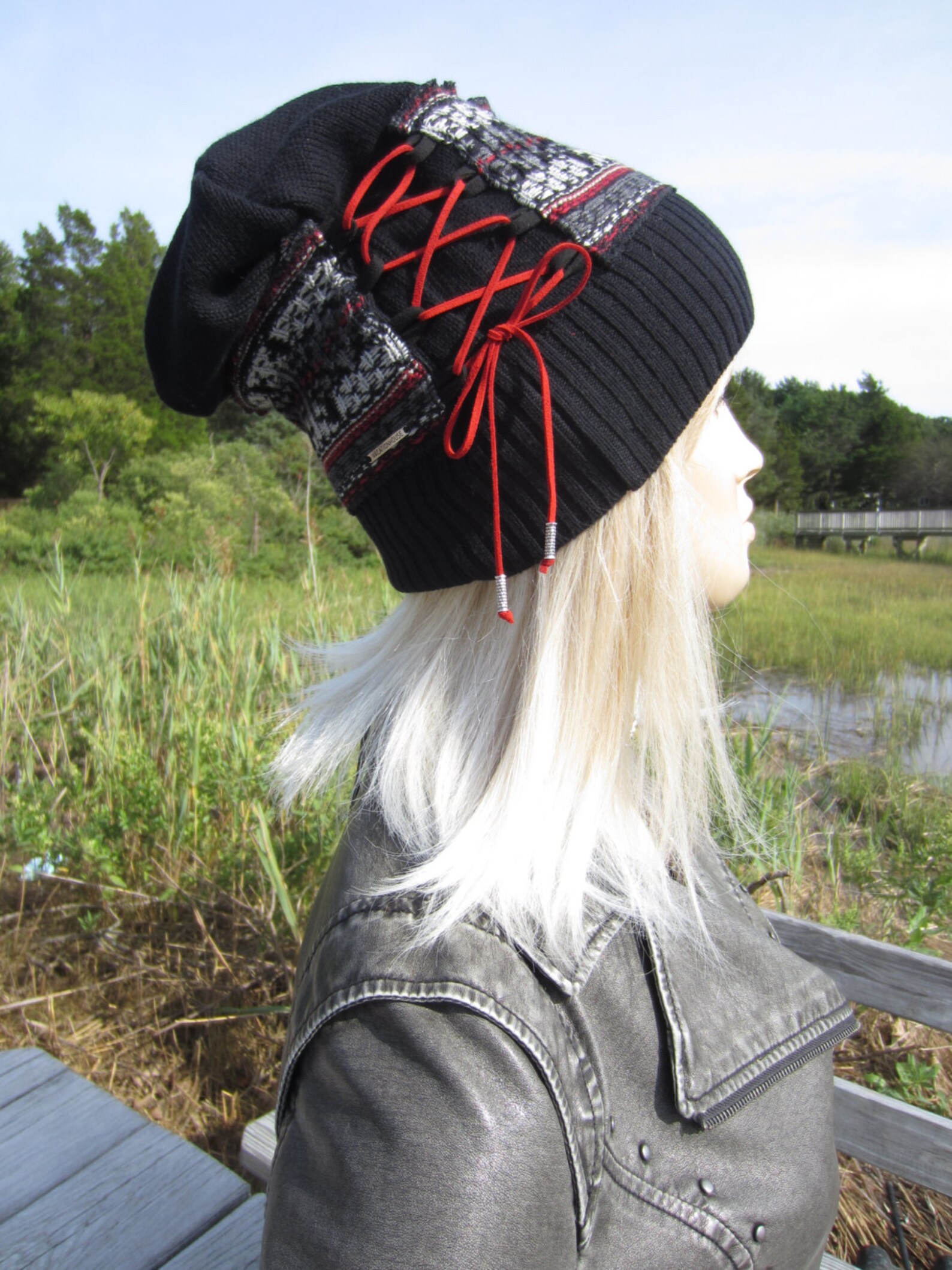 Vacationhouse Hats Bohemian Clothing Black Beanie Leather Lace up ...