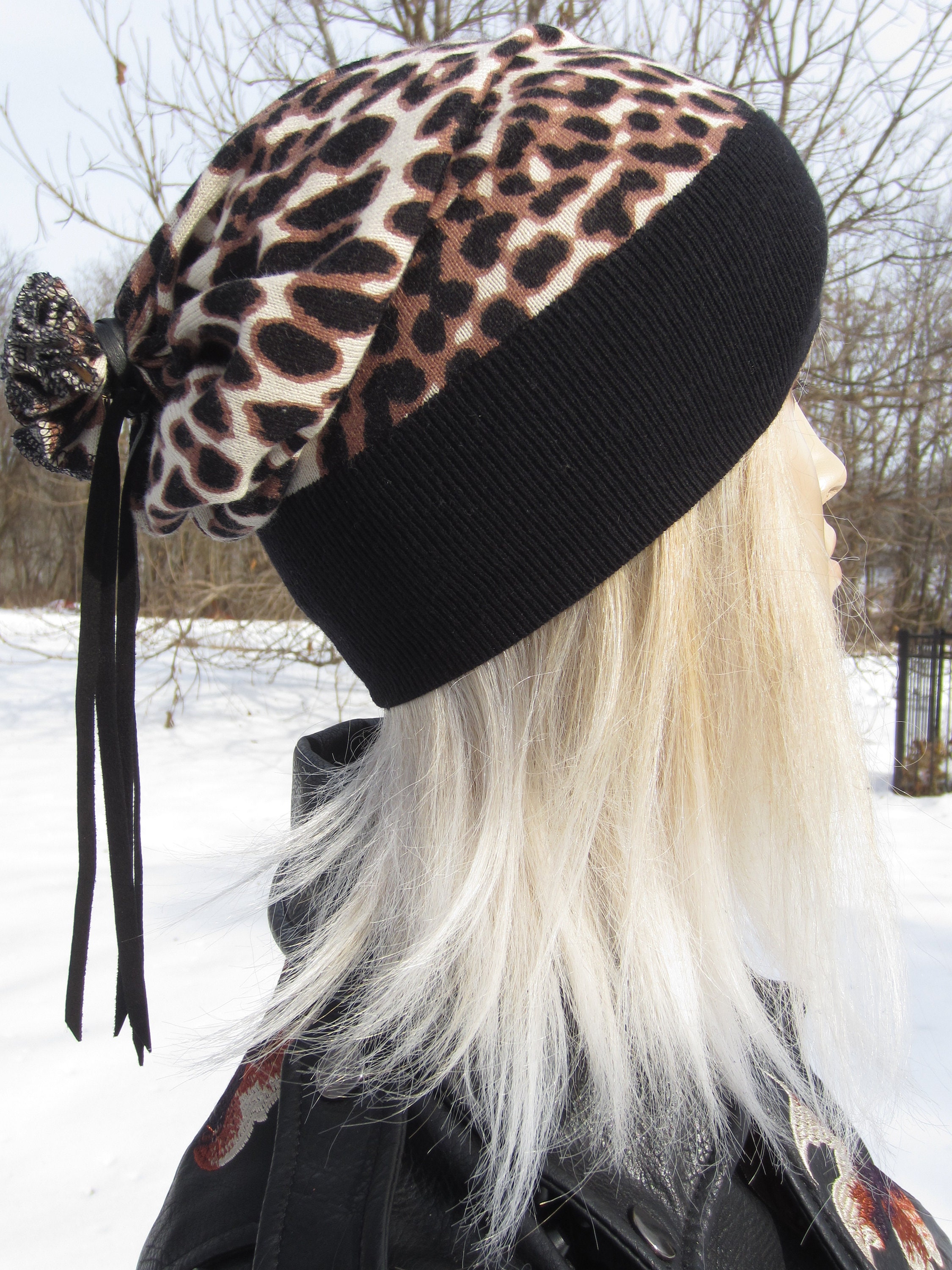 Leopard Print Hat Slouchy Beanie Women
