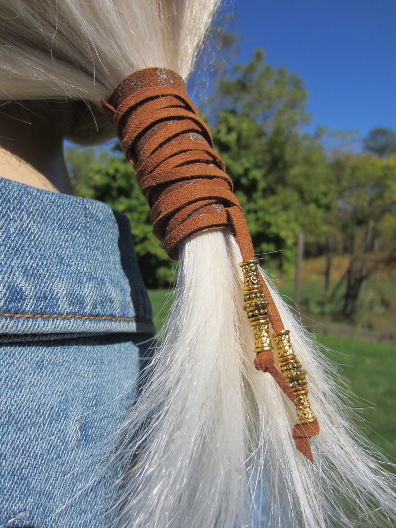 Ponytail Holder Hair Tie Brown Paisley Printed Leather Wrap Etsy