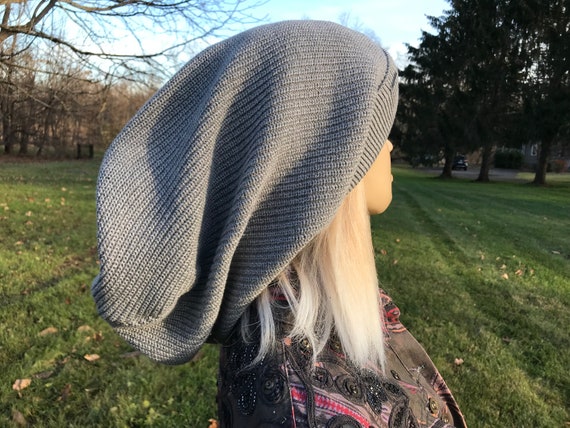 Slouch Beanie Hat Grey Cotton Long Baggy Style Patterned One Size 