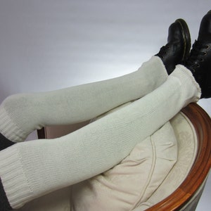 Ivory Boot Socks Thigh High Leg Warmers Long Tall Women White Thick Cotton Sweater Knit A1140