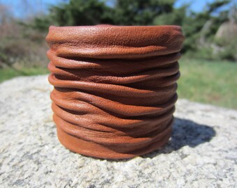 Wide Leather Cuff Bracelet, Mens / Womens Leather Wrist Wrap WristBand Handcrafted wrinkled Crushed Leather