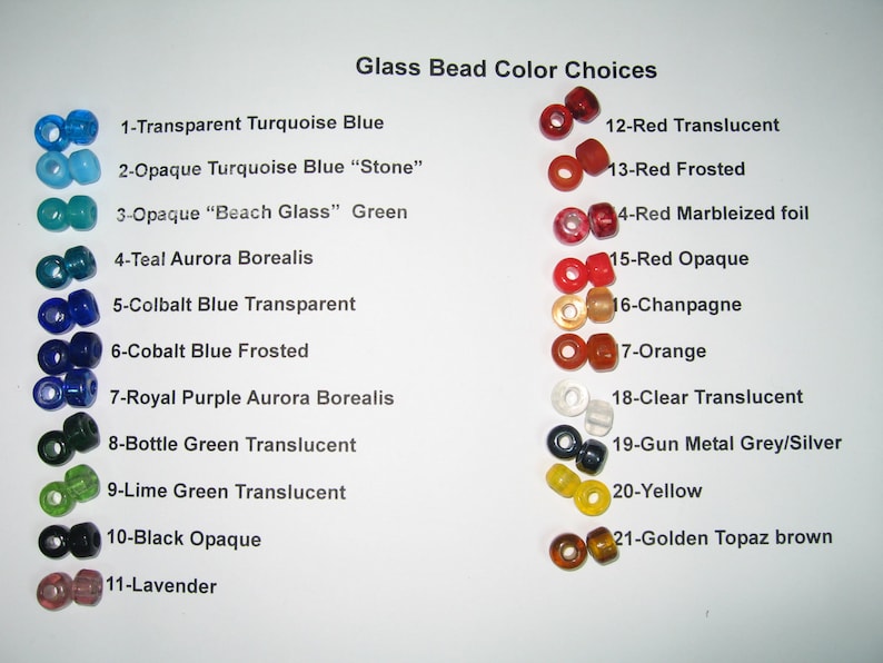 May include: A color chart of glass beads with the text "Glass Bead Color Choices." The beads are arranged in rows, showcasing various colors like turquoise, green, purple, red, and yellow. Each bead is labeled with a number and color name.