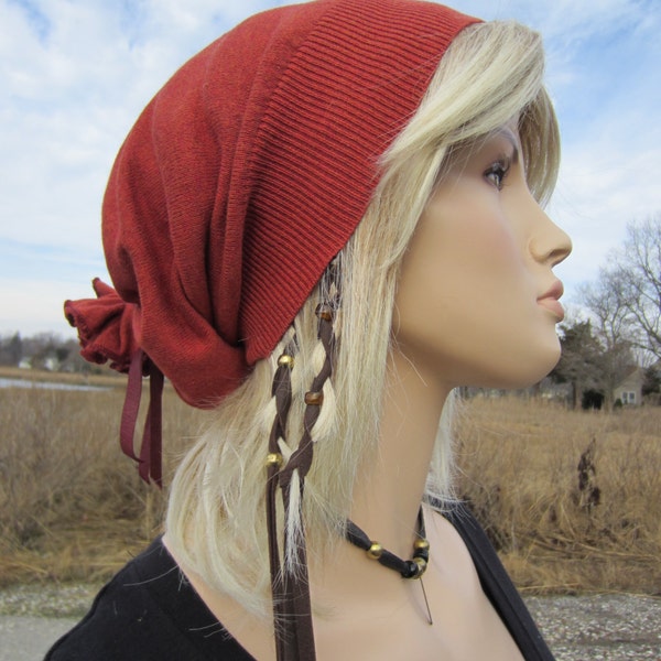 Rust Slouchy Pom Pom Beanies Orange Cashmere Cotton Leather Tie Back Women's Hats A853