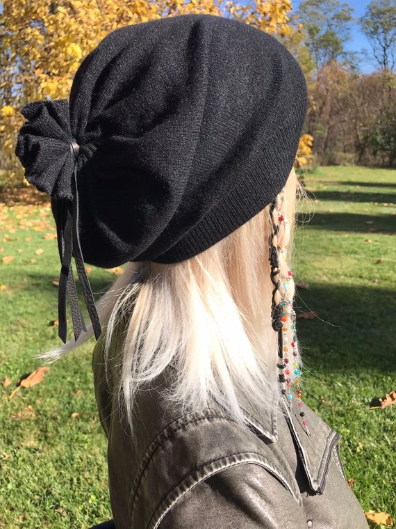 Basic Black Winter Hat Slouchy Hat Cashmere Wool Beanie Women's