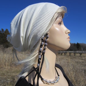 Ivory Lightweight Summer Hat Slouchy Beanie Cotton Cream Tie Long Back Tam A1432