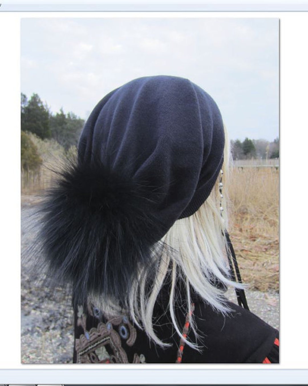New Custom Designed Black Cashmere Blend Slouchy Pom Beanie with Elephant. designsbytobi | Accessories | New Custom Designed Black  main image 2