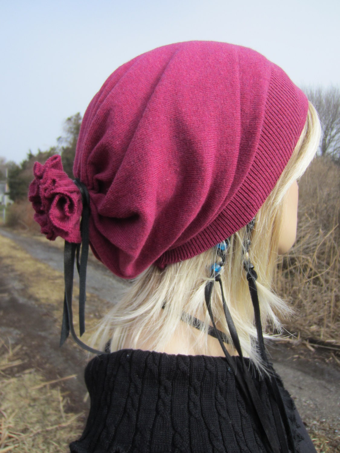 Basic Slouchy Beanie Tie Back Hat Pink Cashmere Cotton Blend Etsy