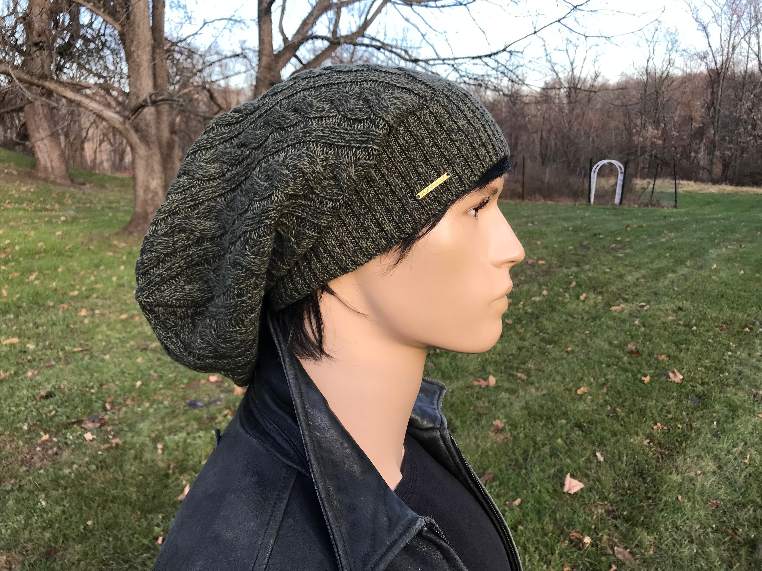 Olive Green Knit Slouchy Beanie Tam Men 