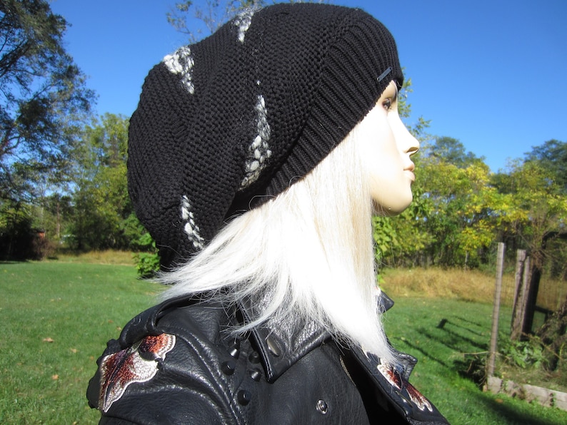 Black Oversized Slouch Tam Hat Black Cotton Blend Post Apocalyptic Reworked clothing Thick Bulky Big Beanie Embroidered Red or White A1988