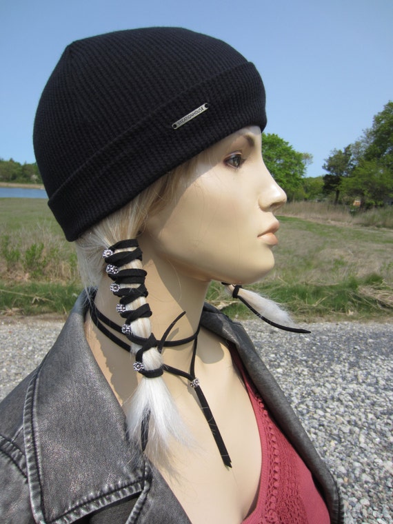 Skullcap Black Thermal Knit Top Beanie Hat Cotton  display picture 1