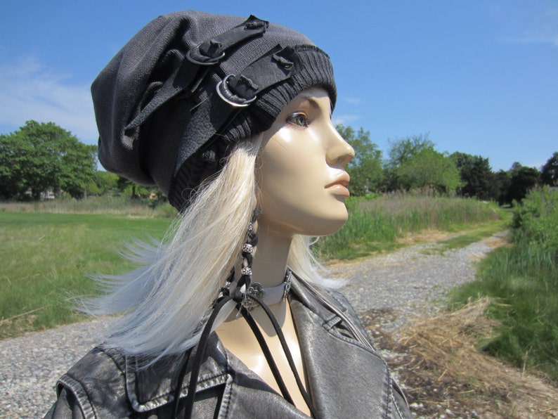 Post Apocalyptic Clothing Reworked Slouchy Beanie Hat Black Charcoal Gray Cotton Distressed Genuine Leather Belt Acid Washed Skull Cap A1972 