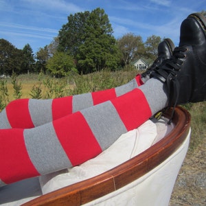Wide Striped Thigh High Socks Red Gray Leg Warmers Boot Sock Stripe Cotton Sweater Knit A1192
