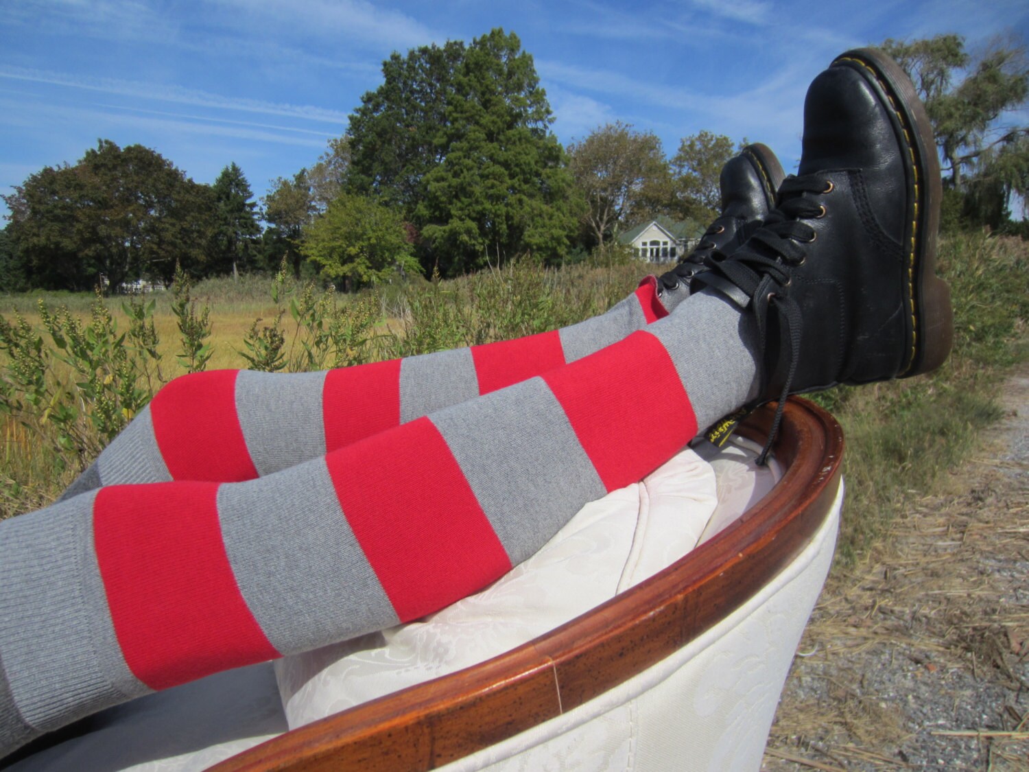 Wide Striped Thigh High Socks Red Gray Leg Warmers Boot Sock