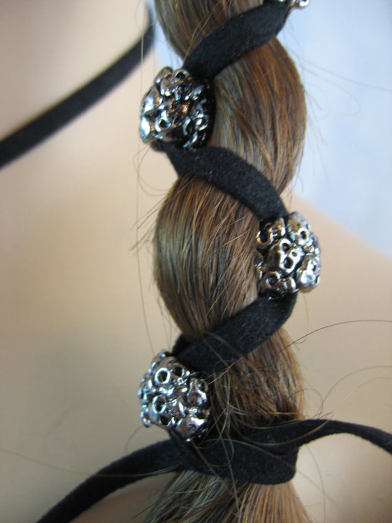 Skull Hair Jewelry Black Leather Hair Ties Ponytail Holder Biker Goth Punk Horror Wrap Extensions Braid in Z106 image 5