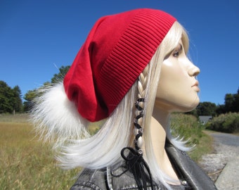 Real Fur Santa Hat Fur Pom Pom Beanie Elf Stocking Cap Genuine Fur Long Red Cotton or 100% Pure Cashmere Slouchy Beanies Costume A1556