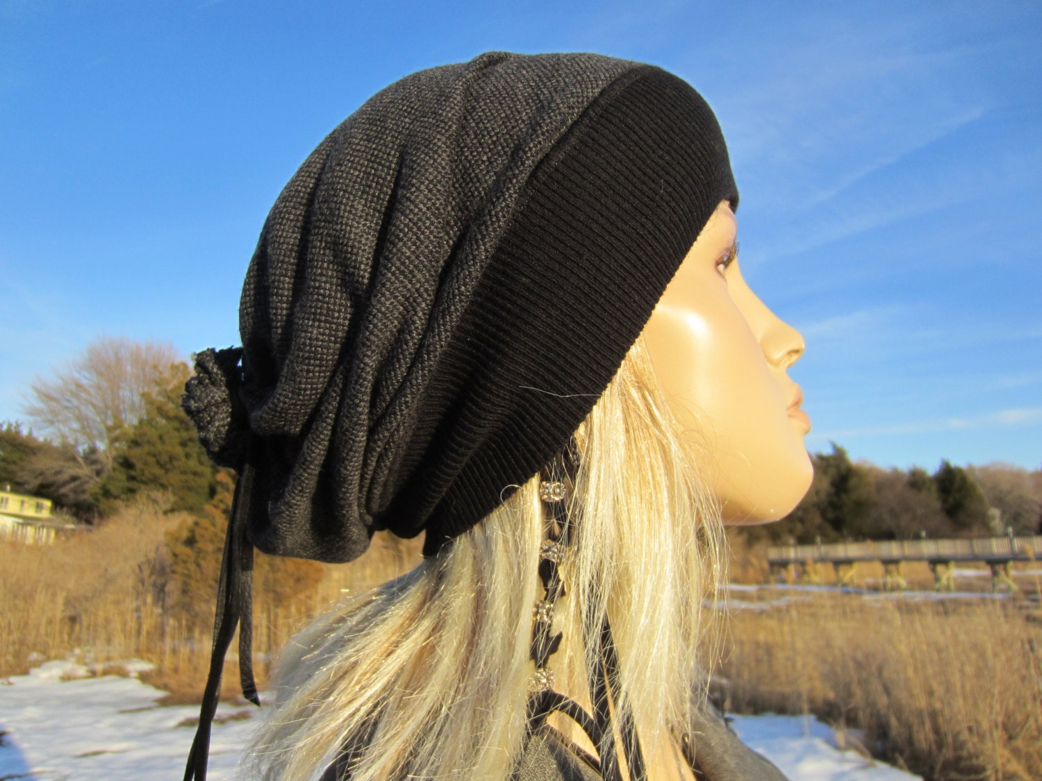 Cashmere Beanie Hat Black Gray Slouchy 