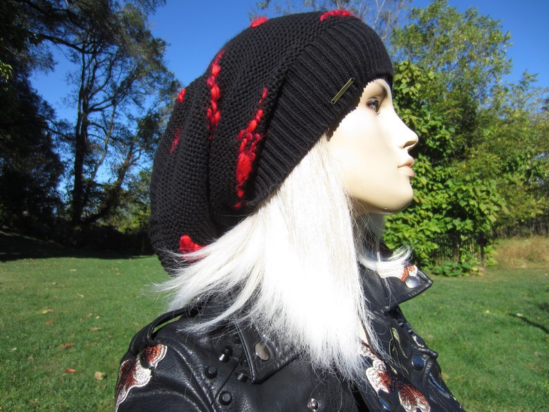 Black Oversized Slouch Tam Hat Black Cotton Blend Post Apocalyptic Reworked clothing Thick Bulky Big Beanie Embroidered Red or White A1988