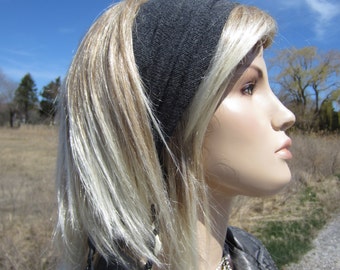Cashmere Cotton Wide Knit Headband Turban Hair Wrap Charcoal Gray Hairband A1095