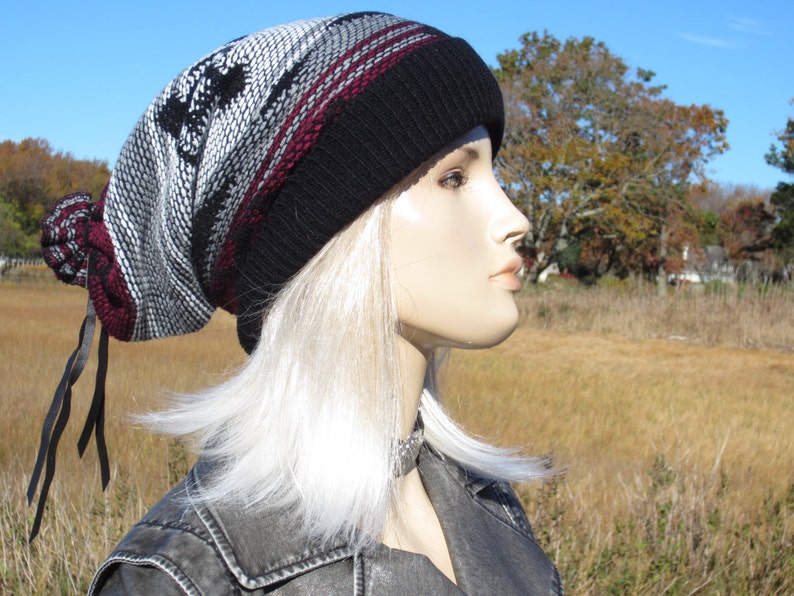 Tribal Print Slouchy Beanies Knit Warm Winter Hat Gray Black Burgundy Fair Isle Print Baggy Leather Tie Back Stocking Cap A1580