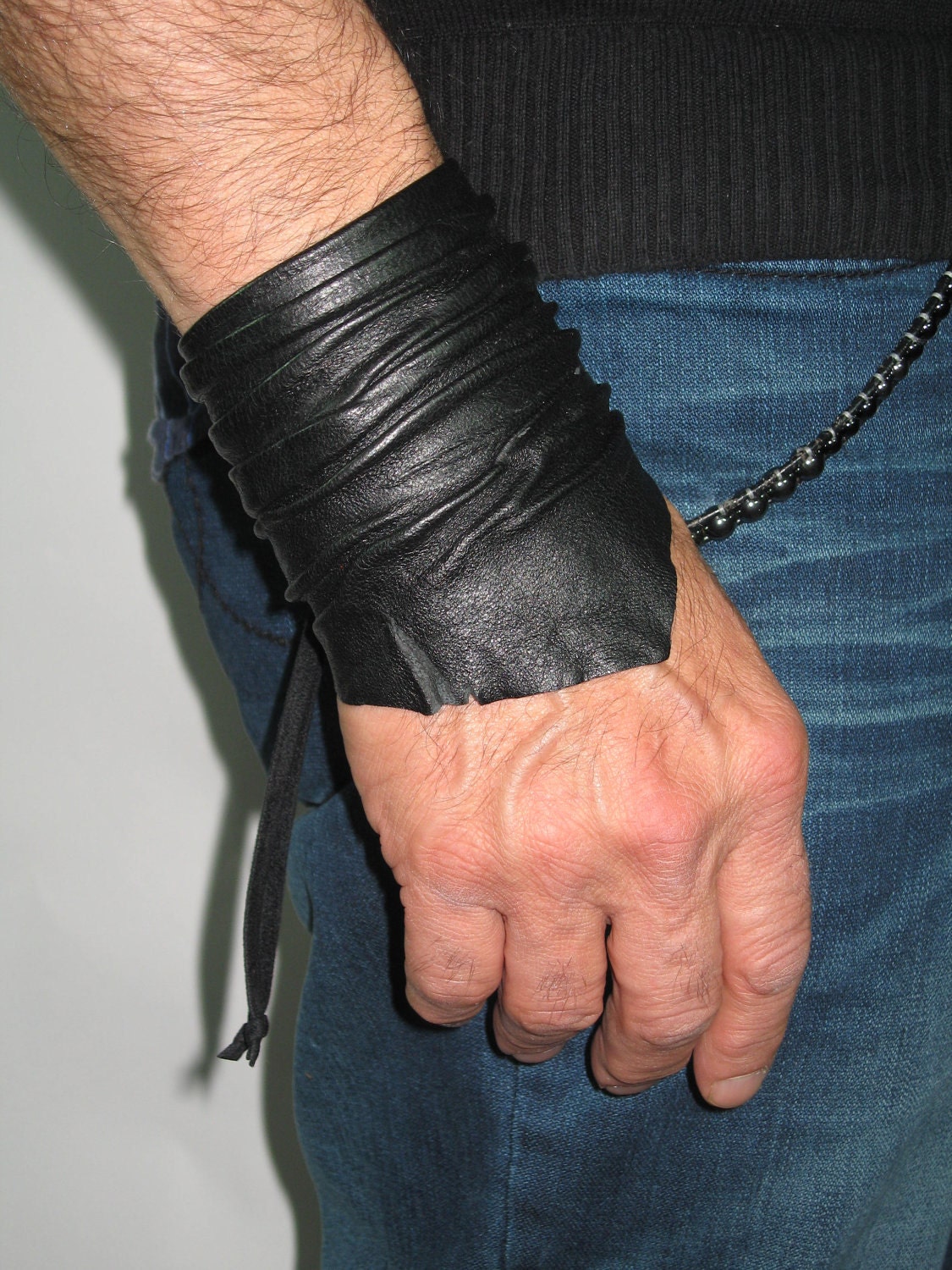 Black KEEP CLIMBING Mini Shredded Leather Wrap Bracelet