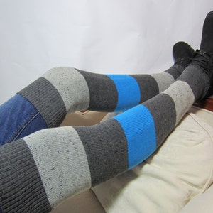 Thigh Highs Sock Striped Leg Warmers Boot Socks Charcoal Gray Grey Black Stripe Knit A983