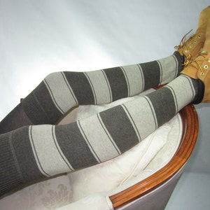 Thigh Highs Boot Socks Striped Leg Warmers Brown Tan Stripe Knit A954