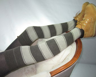 Thigh Highs Boot Socks Striped Leg Warmers Brown Tan Stripe Knit A954