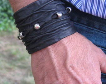 Black Leather Wristband Cuff Bracelet Men's Womens Crushed Leather Wrap Goth Rock Clothing  L2101