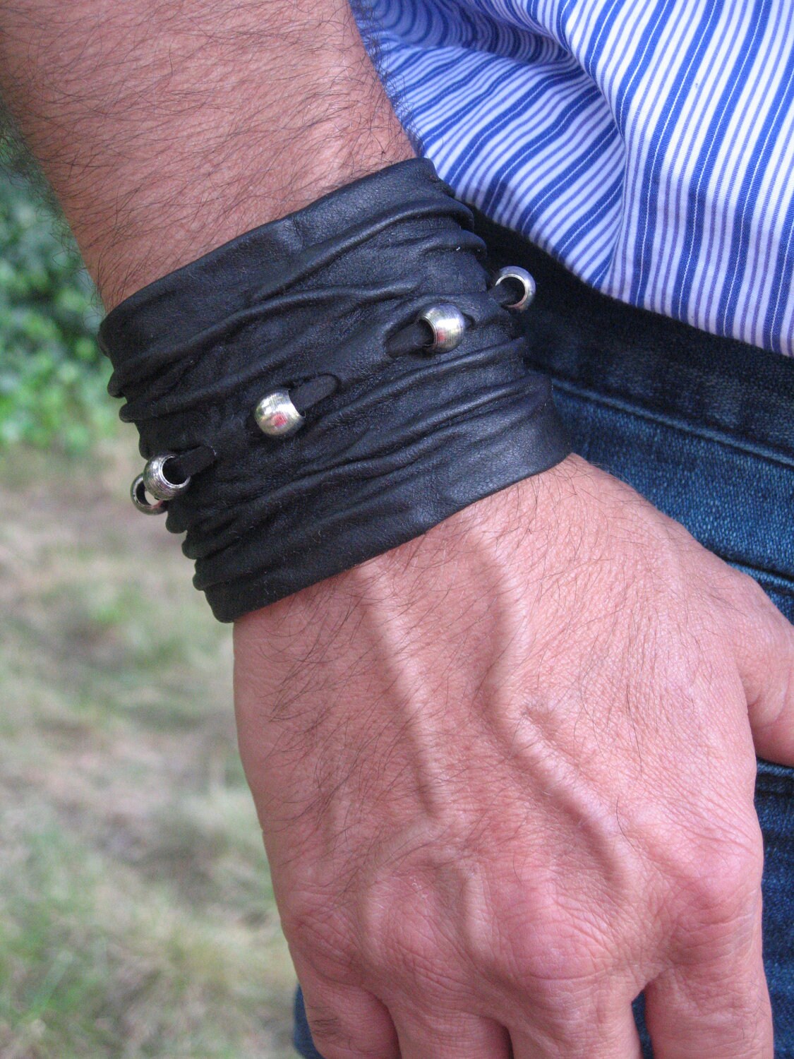 Black Leather Wristband Cuff Bracelet Men's Womens Crushed | Etsy