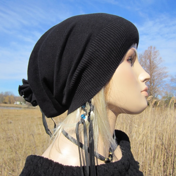 Womens Black Slouchy Beanie Hat Cotton Slouch Beret Leather Tie Hipster Style A913