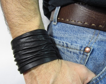 Mens Black  Leather Cuff Bracelets Wristbands Crushed Sculpted Italian Leather  Men/ Women L2000