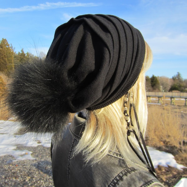 Fur Pom Pom Cashmere Hat Black Beanie Baggy Back Tam Women's Warm Winter Hats Cotton Cashmere Blend by VacationHouse A1447