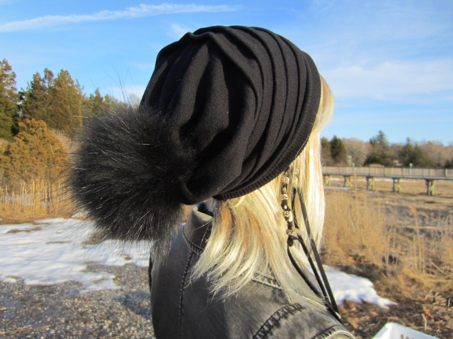Cashmere by Turkish T Women\'s OS Black Knit Slouchy Beanie Oversized Pom Pom Classic Cashmere Slouchy Beanie with Pom – Hat Attack New York main image 4