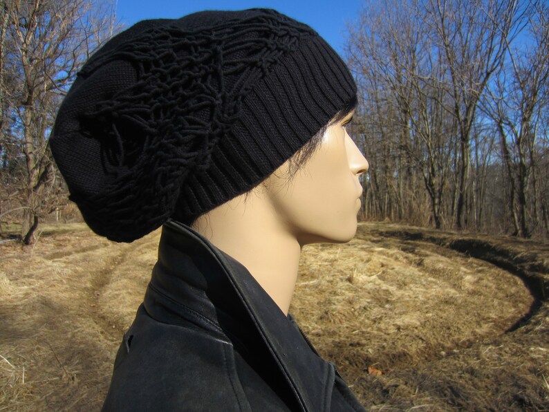 Reworked Clothing Spider WEB Sweater knit Hat Women/'s Black Tams Hats Big Head Slouchy Beanies Cotton Hand Knit Overlay A2022