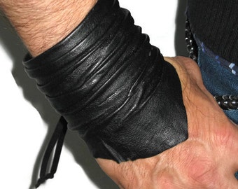 Men's Black Leather Cuff Bracelet Wristband Unisex Handcrafted Jewelry L2101