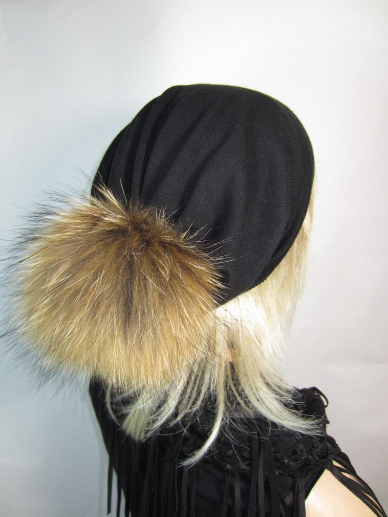 Real Fur Cashmere Bobble Hat Pom Pom Slouch Hat Black Cotton Etsy Real Fur Cashmere Bobble Hat Pom Pom Slouch Hat Black Cotton Etsy