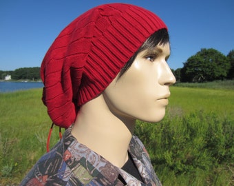 Chapeaux en tricot Dreadlock Tam Red Thick Cotton Cable Hommes Slouchy Beanie Hat Baggy Tie Back A1323