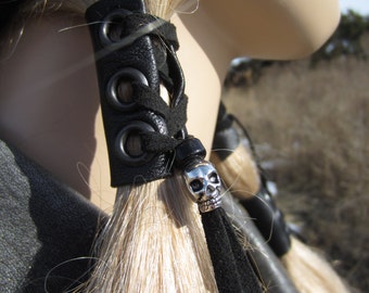 Black Leather Hair Wrap Skull Beaded Tie Ponytail Holder Biker Rocker Goth Hair Extensions  Z103