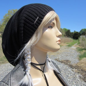 Extra Long Back Tam Big Thick Knitted Womens Solid Black Slouch Beanie Bohemian Style Slouchy Hat Baggy Winter Beanies A1707 / A1549